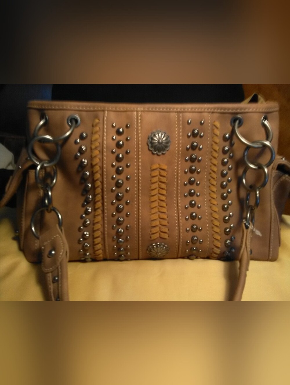 NWOT AMERICAN BLING Studded Whipstitch Leather Tote Tan SIDE PKTS 3 COMPARTMENT